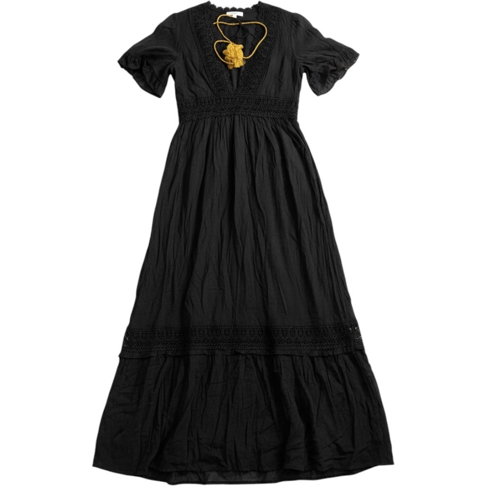 NWT Wishlist Apparel Black Crochet Lace Trim Plunge Neck Crinkle Maxi Dress M